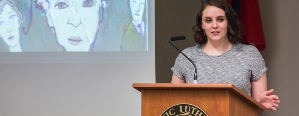 lemkin-lecture-synder-2017 Carli Snyder talks about her research and essay as the winner of the Lemkin Essay Contest at PLU, Tuesday, April 4, 2017. (Photo: John Froschauer/PLU)