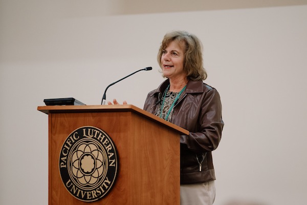 Nancy Powell speaks before the keynote address titled “Sub-Saharan Africans and the Holocaust” during the 15th Annual Powell-Heller Conference for Holocaust Education, Wednesday, Oct. 25, 2023, at PLU. (PLU Photo / Emma Stafki).