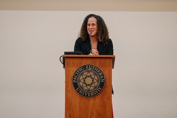 Sarah Abrevaya Stein, the Sady and Ludwig Kahn Director of the Alan D. Leve Center for Jewish Studies and the Viterbi Family Chair in Mediterranean Jewish Studies at UCLA, delivers her the keynote address titled “Wartime North Africa” during the 15th Annual Powell-Heller Conference for Holocaust Education, Thursday, Oct. 26, 2023, at PLU. (PLU Photo / Emma Stafki).