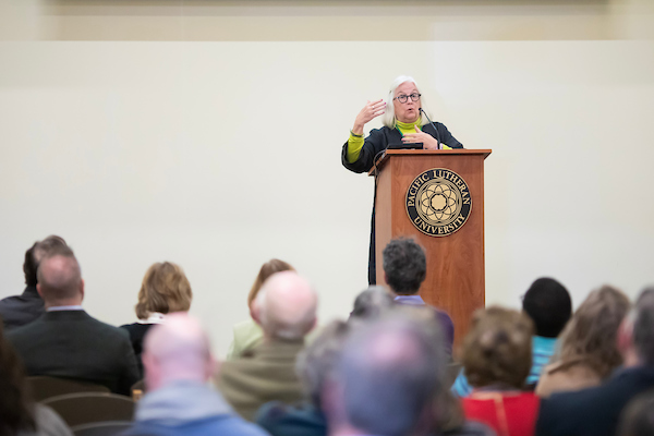 Dr. Elizabeth Baer, Research Professor of English and African Studies at Gustavus Adolphus College, delivers her speech titled “German Genocide in Africa and the Third Reich: Imperialism, Race, and Sexual Violence” during the 15th Annual Powell-Heller Conference for Holocaust Education, Thursday, Oct. 26, 2023, in the AUC at PLU. (PLU Photo / Sy Bean)