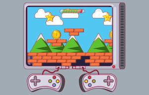Image of a video game on the screen, with 2 video game controllers