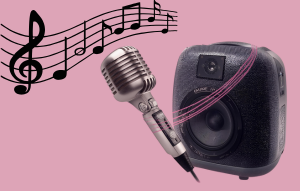 Image of a microphone, music notes, and karaoke machine