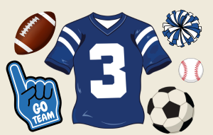 Homecoming spirit week: Jersey Day An image of a jersey in the center, surrounded by sports symbols including a football, pom pom, baseball, soccer ball, and a 'go team' foam finger.