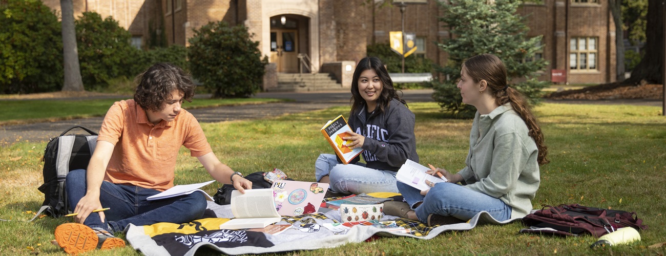 Three students sit on a blanket outside on the grass on a sunny day on campus. They have backpacks nearby, laptops, books and books in front of them on on their laps.