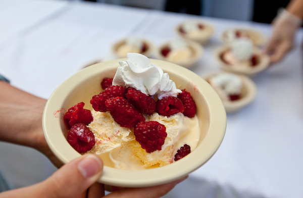 Raspberries in a dish.