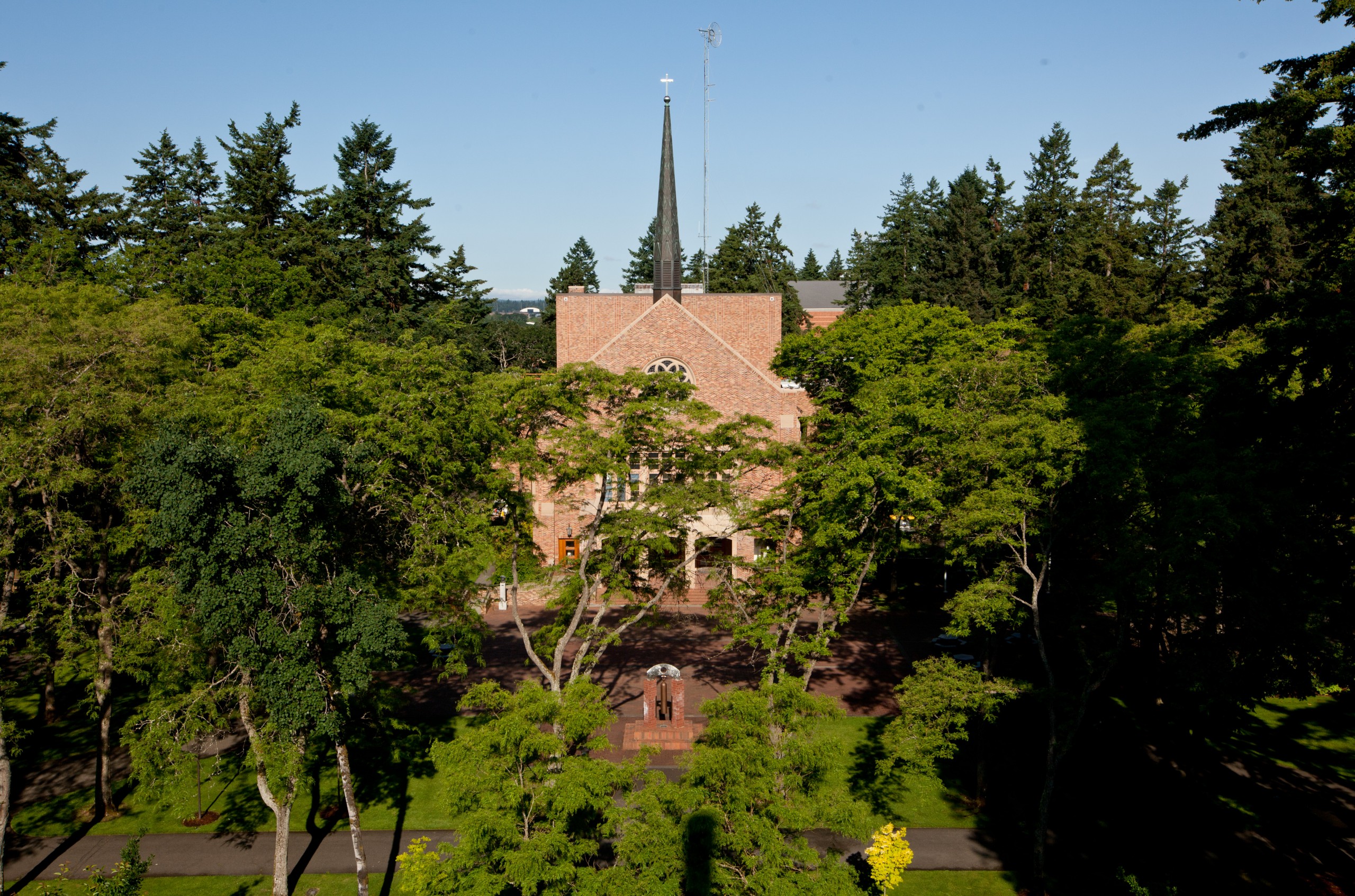 Karen Hille Phillips and red square through the trees