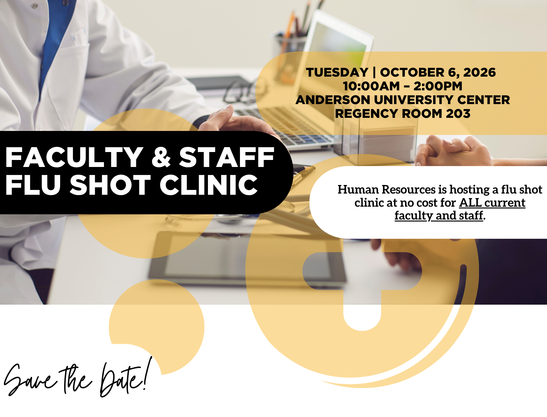 Flu shot clinic announcement for PLU faculty and staff. Tuesday, October 6, 2026, 10:00 a.m.–2:00 p.m., Anderson University Center, Regency Room 203. Human Resources is hosting a free flu shot clinic for all current faculty and staff.