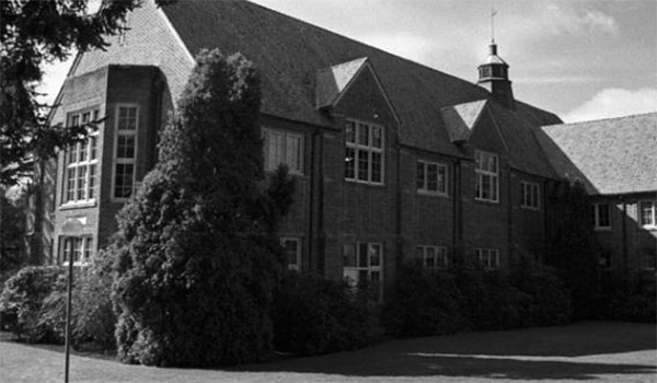 A black and white photo of a building on PLU's campus