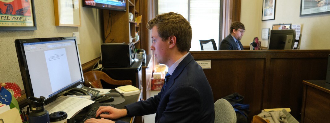 Jeremy Knapp working as an intern in Sen. Marko Liias' office, Wednesday, Feb. 26, 2020, at Olympia. (Photo/John Froschauer)