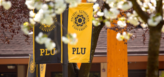 Photo of the PLU banners in front of Anderson University Center