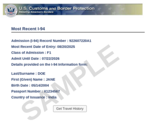 Sample of I-94, Arrival/Departure Record