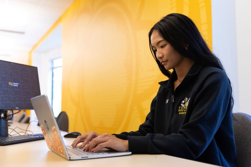 Student studying Student sitting at a desk types on a laptop