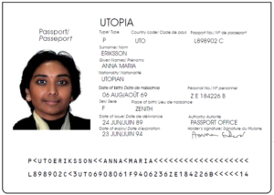 Passport bio page example for an individual from the fictional country of Utopia.