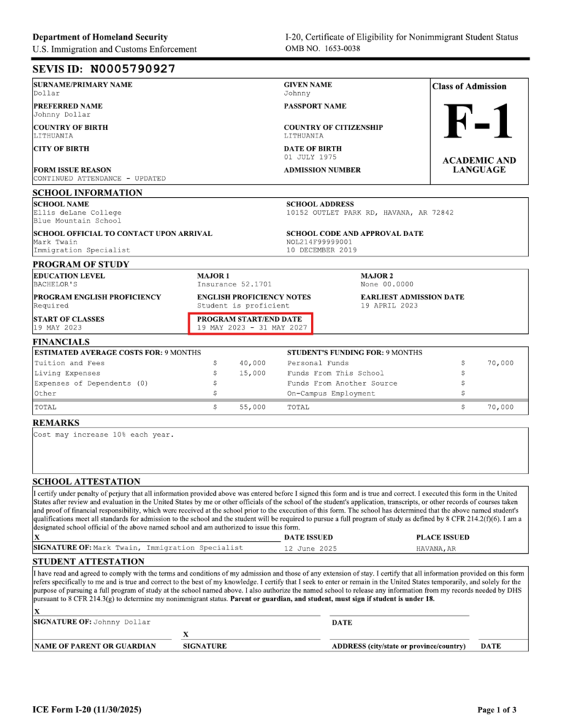 Sample Form I-20, Certificate of Eligibility for F-1 Students