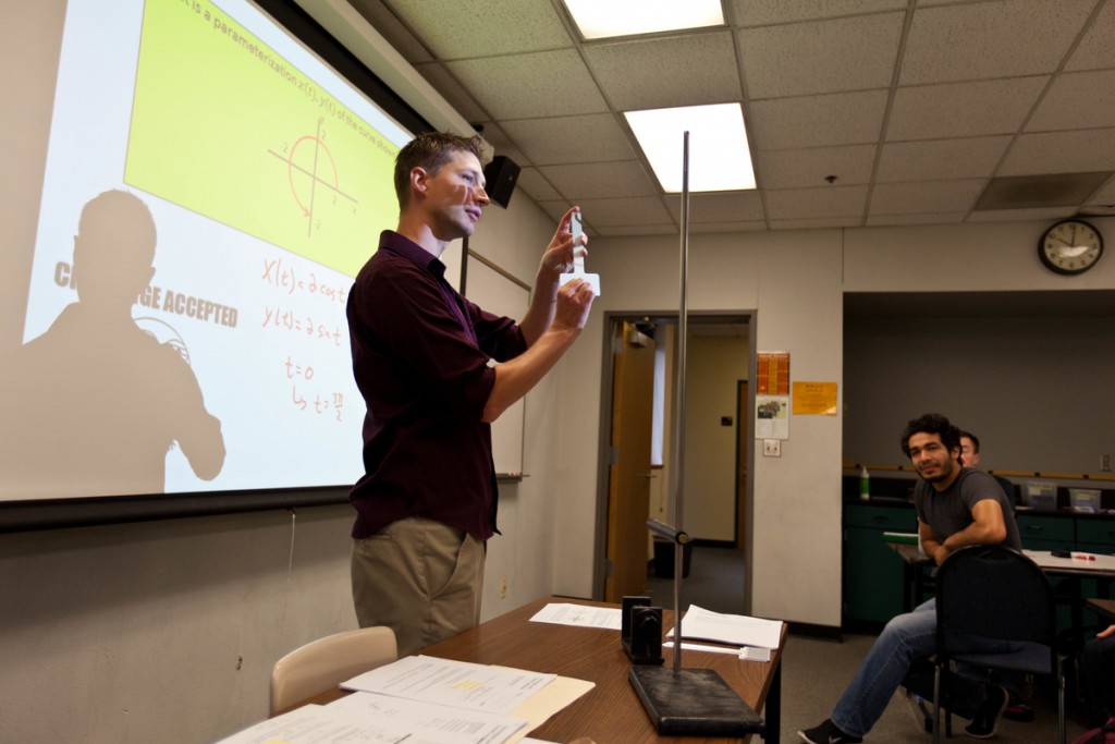 Bret Underwood, Assistant Professor of Physics, in class at PLU on Thursday, Sept. 17, 2015. (Photo: John Froschauer/PLU)