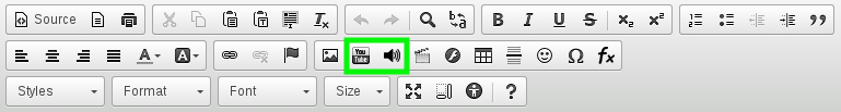 A screencap of the sakai text-editor interface, with the YouTube and Audio buttons highlighted. These buttons are in the second row, in the center.