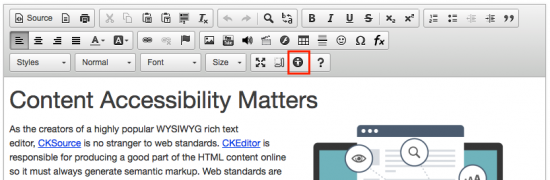 Sakai rich-text editor with Accessibility Tool icon outlined in red