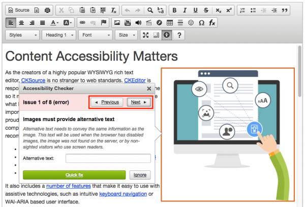Sakai rich-text editor with Accessibility Tool dialog box and option to Quick fix