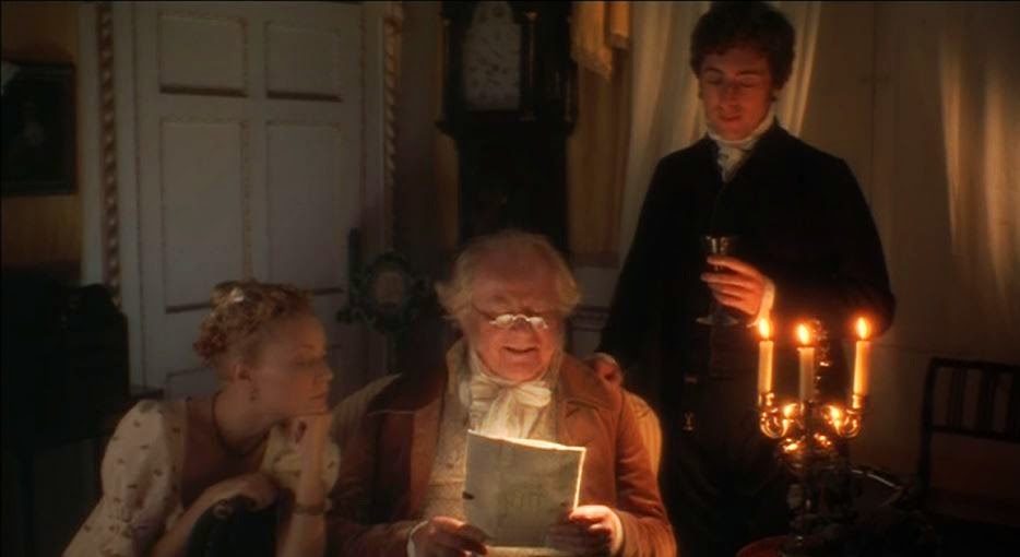 Emma Woodhouse (Gwyneth Paltrow), Mr. Woodhouse (Denys Hawthorne), and Mr. Elton (Alan Cumming) in Douglas McGrath's 1996 film.