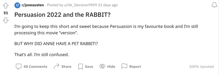Reddit discussion thread on Anne Elliot's pet rabbit.