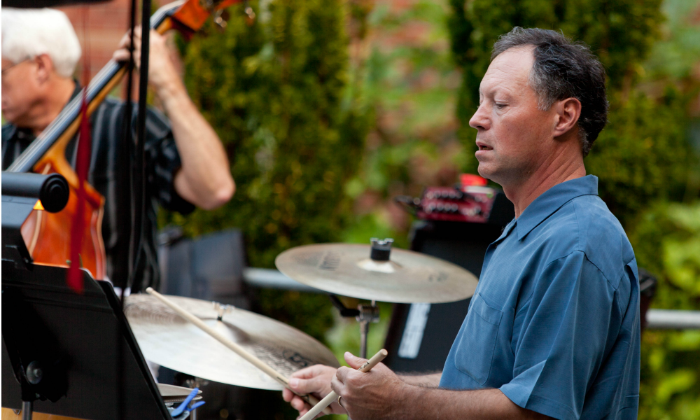 David Deacon-Joyner Trio, Deacon-Joyner, piano, Clipper Anderson, bass, Mark Ivester, percussion, and vocalist Dennis Hastings performing at KPLU's Jazz Under the Stars at PLU on Thursday, Aug. 2, 2012. (Photo/John Froschauer)