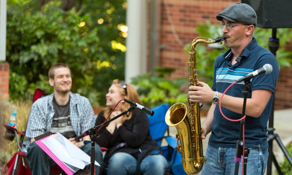 David Deacon-Joyner Trio, Deacon-Joyner, piano, Clipper Anderson, bass, Mark Ivester, percussion, and vocalist Dennis Hastings performing at KPLU's Jazz Under the Stars at PLU on Thursday, Aug. 2, 2012. (Photo/John Froschauer)