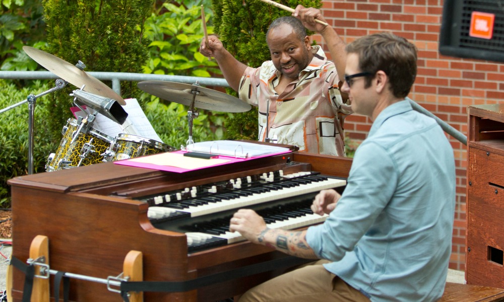 David Deacon-Joyner Trio, Deacon-Joyner, piano, Clipper Anderson, bass, Mark Ivester, percussion, and vocalist Dennis Hastings performing at KPLU's Jazz Under the Stars at PLU on Thursday, Aug. 2, 2012. (Photo/John Froschauer)