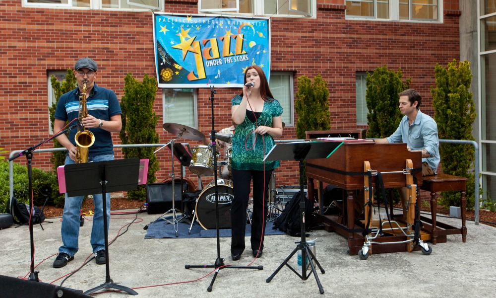 David Deacon-Joyner Trio, Deacon-Joyner, piano, Clipper Anderson, bass, Mark Ivester, percussion, and vocalist Dennis Hastings performing at KPLU's Jazz Under the Stars at PLU on Thursday, Aug. 2, 2012. (Photo/John Froschauer)