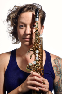 Kate Olson with soprano saxophone