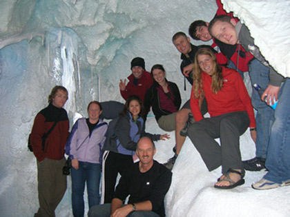 Cave-med Brad Moore and students in ice cave