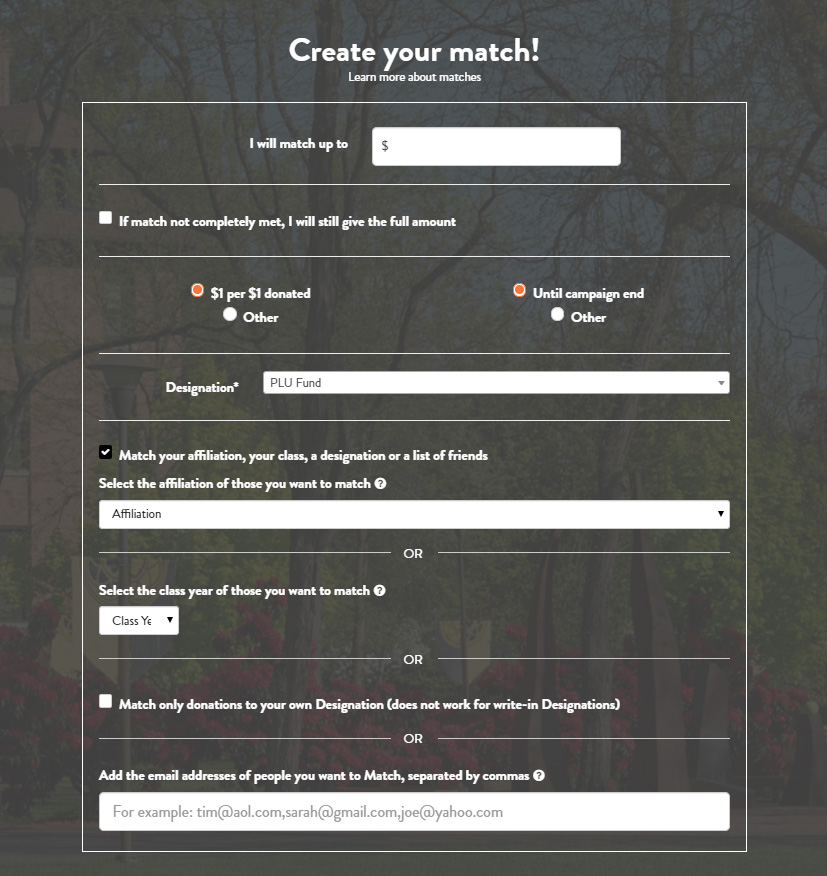 Screenshot of the GiveCampus "Create Your Match" section Screenshot of the GiveCampus "Create Your Match" section