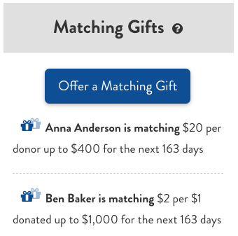 Screenshot of the GiveCampus "Matching Gifts" section Screenshot of the GiveCampus "Matching Gifts" section