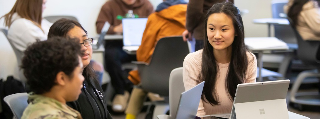 Students do coursework with professor Rebecca Wilkin in their FREN 406 course titled “French / Francophone Feminisms,” Tuesday, April 4, 2023, at PLU. (PLU Photo / Sy Bean)