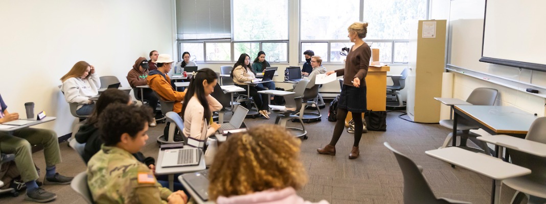 Students do coursework with professor Rebecca Wilkin in their FREN 406 course titled “French / Francophone Feminisms,” Tuesday, April 4, 2023, at PLU. (PLU Photo / Sy Bean)