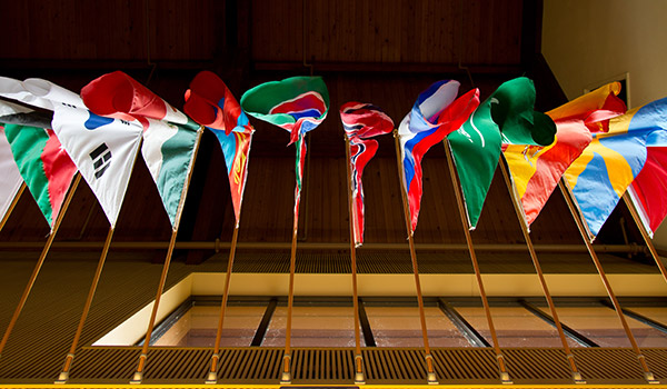 A wall of flags from various countries of the world