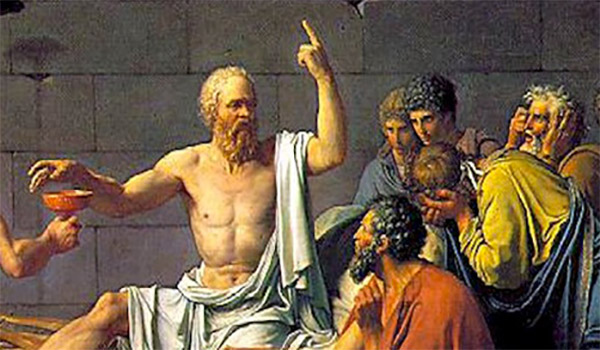 An old painting of a man wearing a robe and pointing with on lookers
