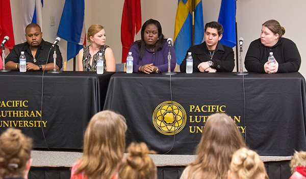 Panel made up of Social Science graduates talking about careers in their fields in the Scandinavian Center at PLU on Wednesday, Nov. 5, 2014. (PLU Photo/John Froschauer)