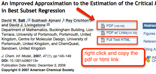 right click on the "PDF, "PDF w/Links," or "Full Text HTML" link and copy the link, then paste it into the converter