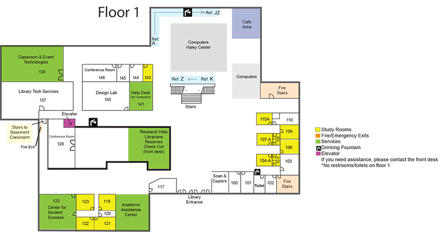 floor plan map of the first floor of the library