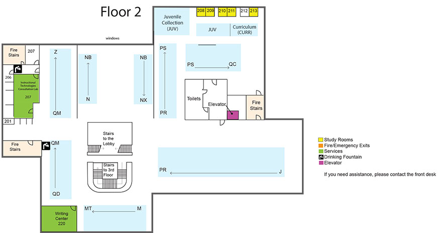 floor plan map of the 2nd floor of the library