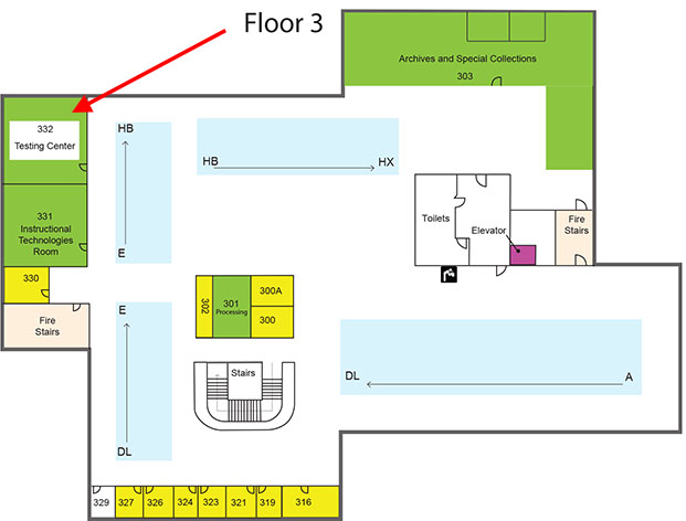 map of where the Testing Center is in the library - on the 3rd floor - with an arrow pointing to it