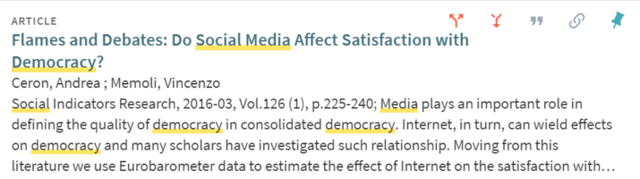 Information about an article in a library database. On the top right side, there are two red arrows; one points up and another points down.