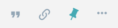 Saving and Sharing Four icons lined horizontally. From left to right, a double quote, two links of a chain, a green pin, and three dots.