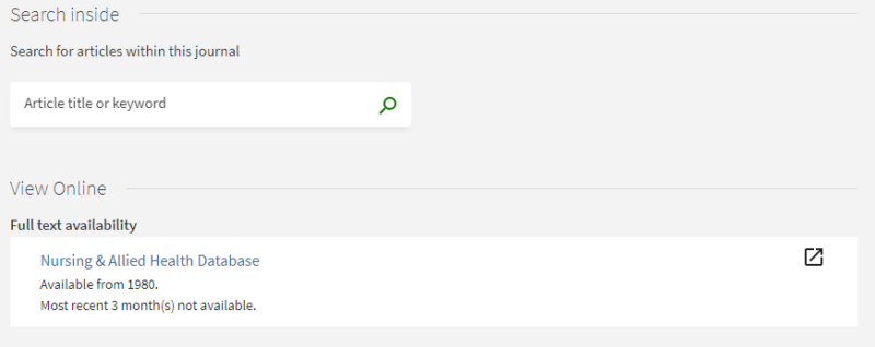 Search and View Sections Search Inside and View Online section of a search record in a library database. The Search Inside section includes an input box. The View Online section display availability of a journal in the Nurse & Allied Health Database.