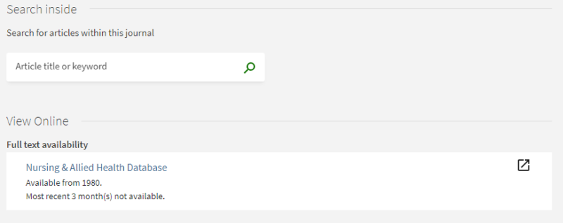 Search Inside and View Online section of a search record in a library database. The Search Inside section includes an input box. The View Online section display availability of a journal in the Nurse & Allied Health Database.