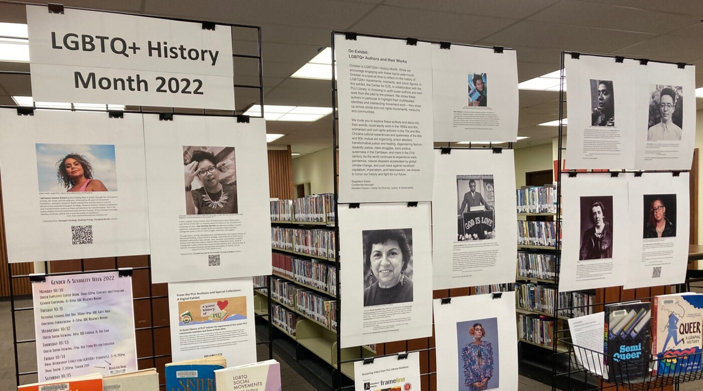 2022 LGBTQ+ History Month exhibit in the library lobby