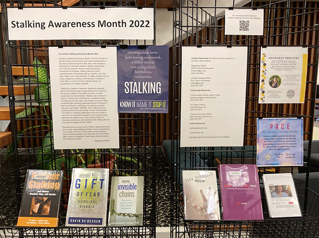 2022 Stalking Awareness Month exhibit in the library lobby