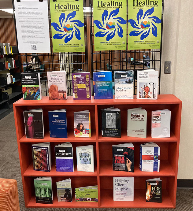 symposium books on display for library exhibit