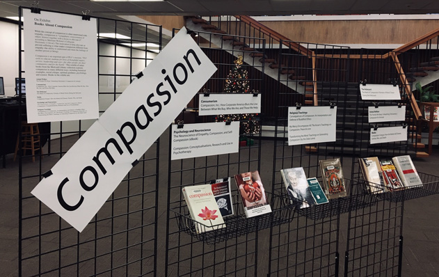2018 Books about Compassion exhibit in the library lobby