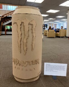 student sculptue titled "Monster Can"